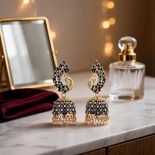 Gold_Black_Brass_Gold_Plated_Peacock_Jhumka_Earrings_For_Women