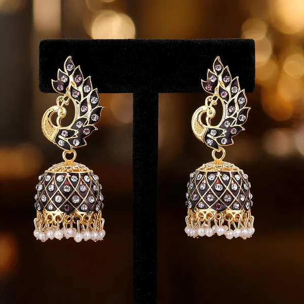 Gold_Black_Brass_Gold_Plated_Peacock_Jhumka_Earrings_For_Women