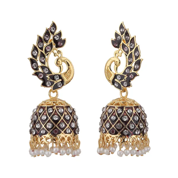Gold_Black_Brass_Gold_Plated_Peacock_Jhumka_Earrings_For_Women