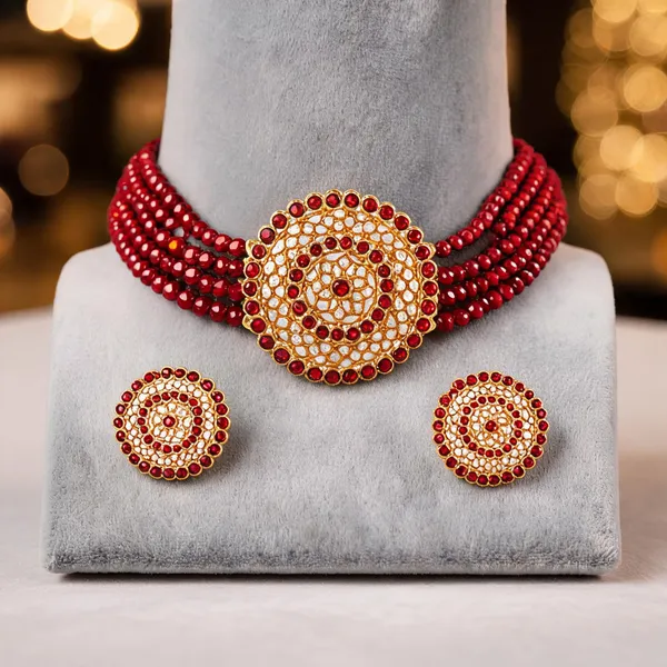 Red_Gold_Tone_Beaded_Choker_Necklace_Set_For_Women