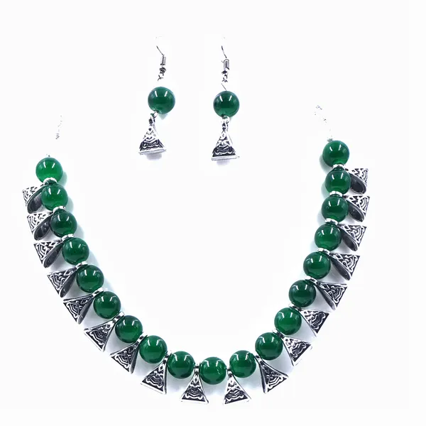 Green_Silver_Tone_Beaded_Necklace_And_Earrings_Set_For_Women