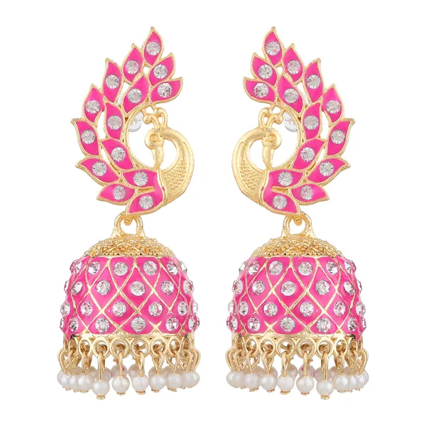 Pink_Gold_Brass_Gold_Plated_Stone_Peacock_Jhumka_Earrings_For_Women