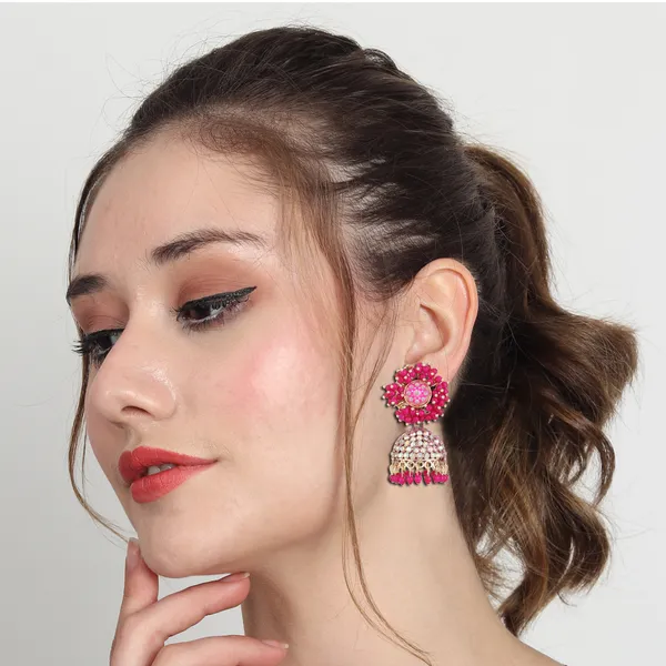 Pink_Beaded_Gold_Brass_Dome_Jhumka_Earrings_For_Women
