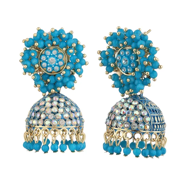 Blue_Beaded_Gold_Brass_Floral_Dome_Jhumka_Earrings_For_Women