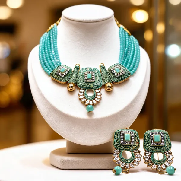 Turquoise_Gold_Brass_Beaded_Embellished_Necklace_Set_For_Women