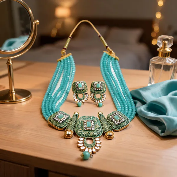 Turquoise_Gold_Brass_Beaded_Embellished_Necklace_Set_For_Women