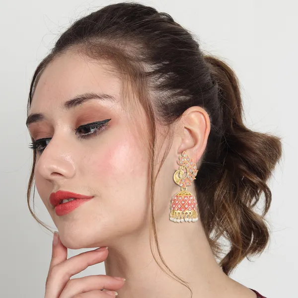 Pink_Gold_Brass_Gold_Plated_Peacock_Jhumka_Earrings_For_Women