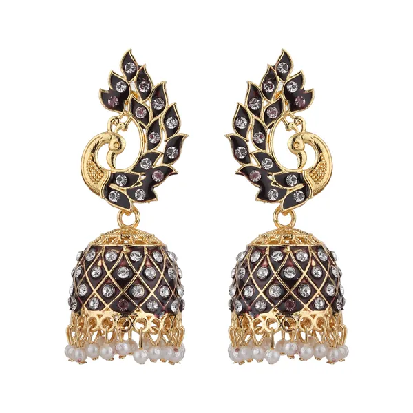 Gold_Black_Brass_Gold_Plated_Peacock_Jhumka_Earrings_For_Women