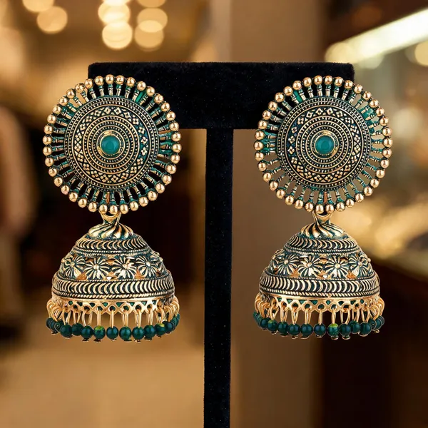 Gold_Green_Brass_Gold_Plated_Beaded_Dome_Jhumka_Earrings_For_Women