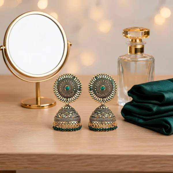 Gold_Green_Brass_Gold_Plated_Beaded_Dome_Jhumka_Earrings_For_Women