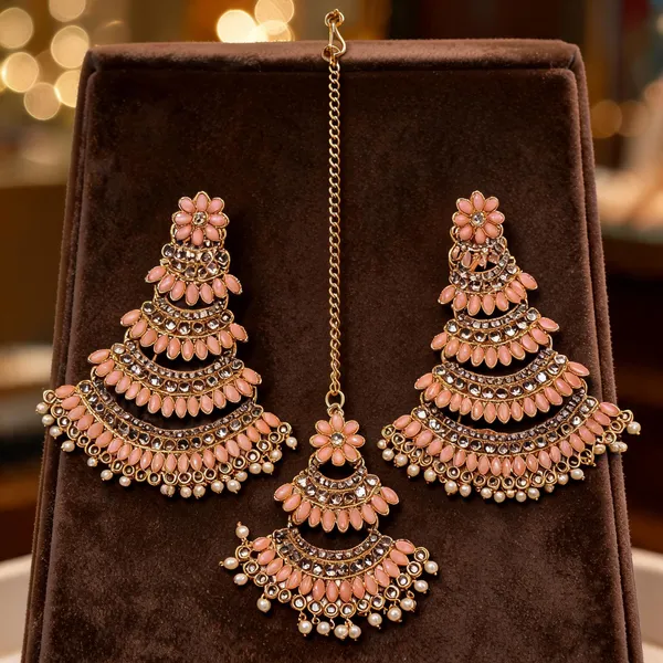 Peach_Gold_Tone_Layered_Necklace_Earrings_And_Maang_Tikka_Set_For_Women