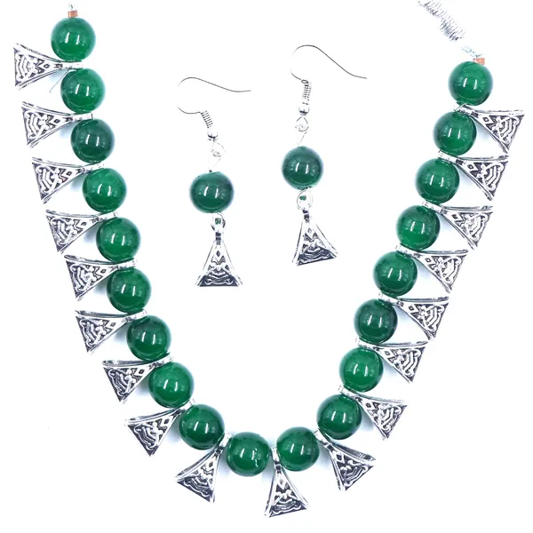 Green_Silver_Tone_Beaded_Necklace_And_Earrings_Set_For_Women