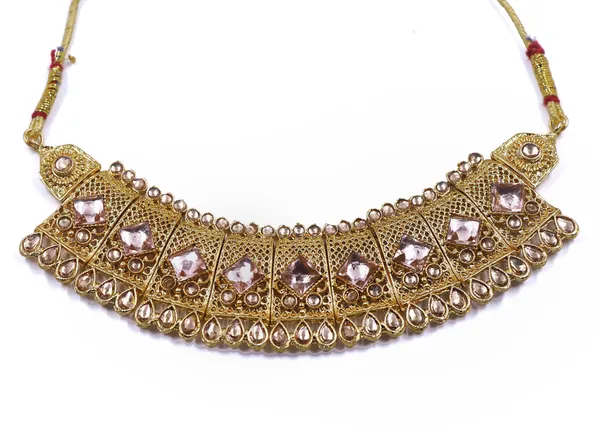 Gold_Tone_Pink_Stone_Traditional_Necklace_And_Earrings_Set_For_Women