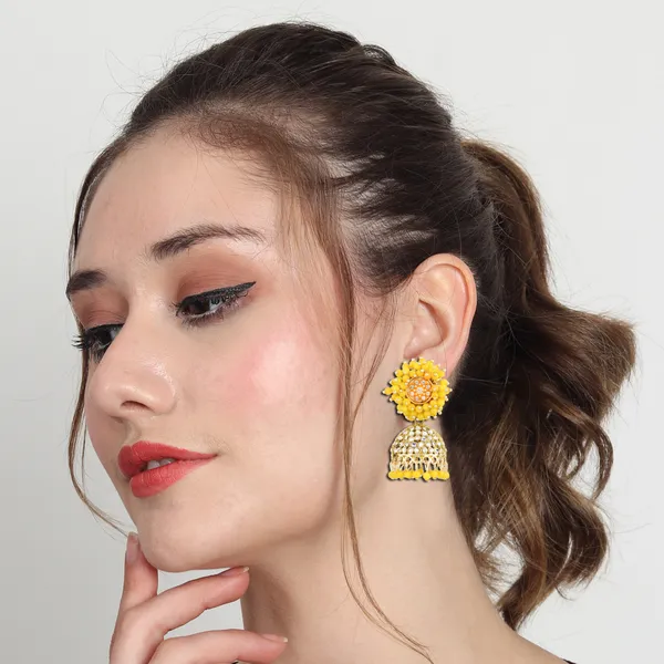 Yellow_Beaded_Gold_Brass_Floral_Jhumka_Earrings_For_Women