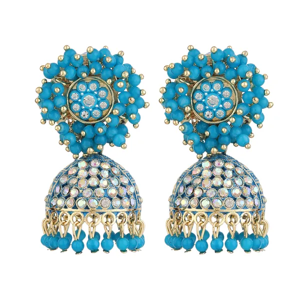 Blue_Beaded_Gold_Brass_Floral_Dome_Jhumka_Earrings_For_Women