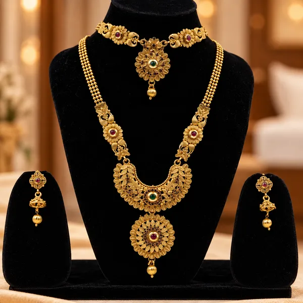 Gold_Brass_Traditional_Necklace_And_Earrings_Set_For_Women