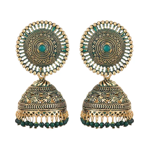 Gold_Green_Brass_Gold_Plated_Beaded_Dome_Jhumka_Earrings_For_Women