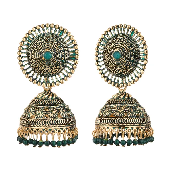 Gold_Green_Brass_Gold_Plated_Beaded_Dome_Jhumka_Earrings_For_Women