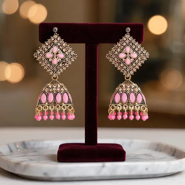 Gold_Pink_Brass_Gold_Plated_Stone_Beaded_Jhumka_Earrings_For_Women