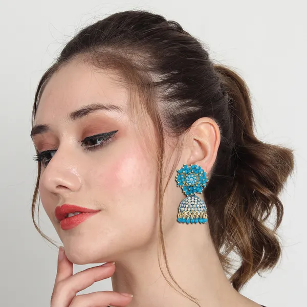 Blue_Beaded_Gold_Brass_Floral_Dome_Jhumka_Earrings_For_Women