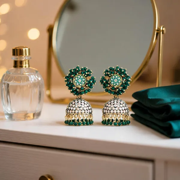 Green_Gold_Brass_Crystal_Beaded_Jhumka_Earrings_For_Women