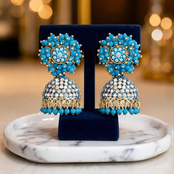 Blue_Beaded_Gold_Brass_Floral_Dome_Jhumka_Earrings_For_Women