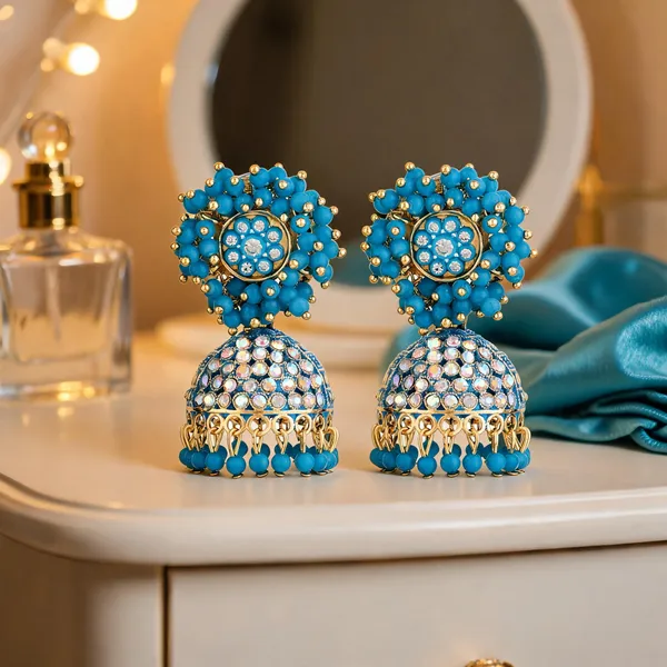 Blue_Beaded_Gold_Brass_Floral_Dome_Jhumka_Earrings_For_Women