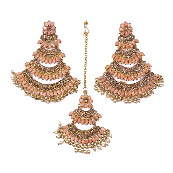 Peach_Gold_Tone_Layered_Necklace_Earrings_And_Maang_Tikka_Set_For_Women