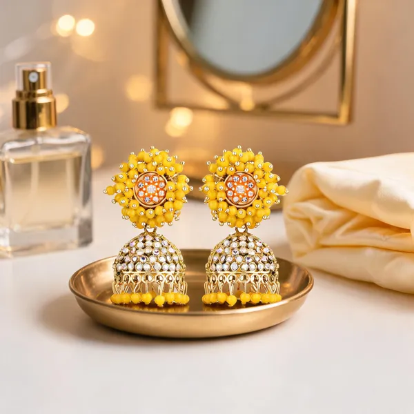 Yellow_Beaded_Gold_Brass_Floral_Jhumka_Earrings_For_Women