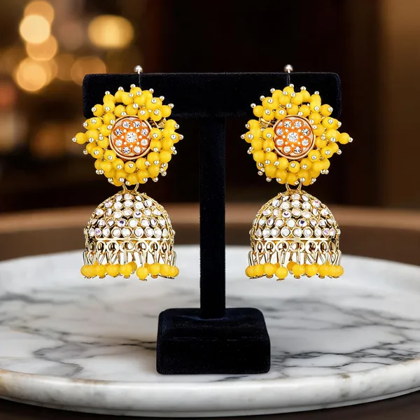 Yellow_Beaded_Gold_Brass_Floral_Jhumka_Earrings_For_Women