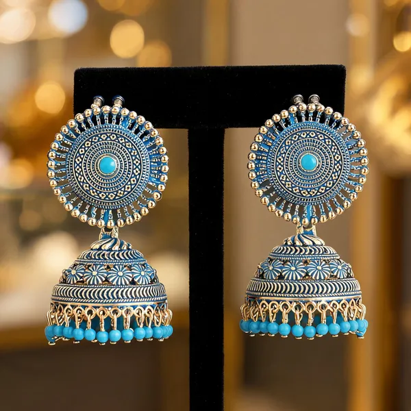 Blue_Gold_Brass_Gold_Plated_Engraved_Dome_Jhumka_Earrings_For_Women