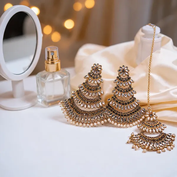 Gold_Tone_Floral_Layered_Earrings_And_Maang_Tikka_Set_For_Women