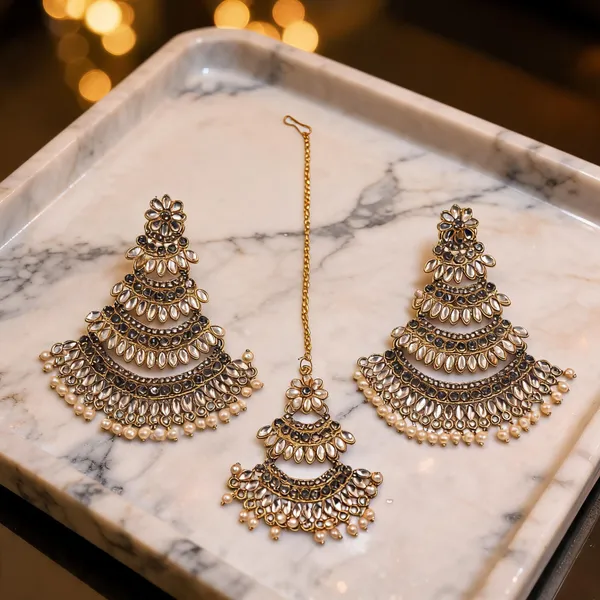 Gold_Tone_Floral_Layered_Earrings_And_Maang_Tikka_Set_For_Women