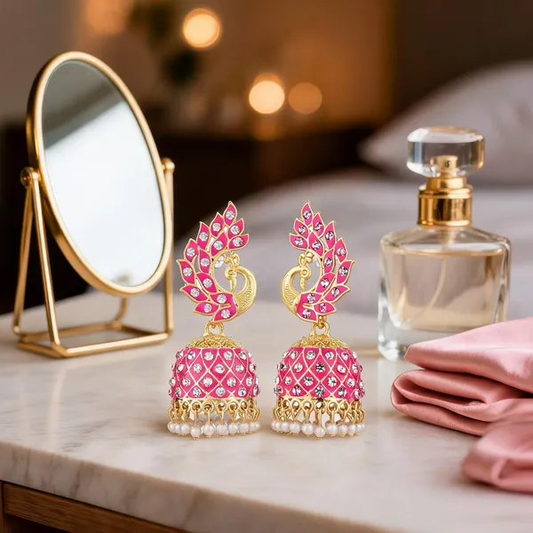 Pink_Gold_Brass_Gold_Plated_Stone_Peacock_Jhumka_Earrings_For_Women