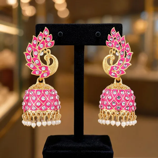 Pink_Gold_Brass_Gold_Plated_Stone_Peacock_Jhumka_Earrings_For_Women