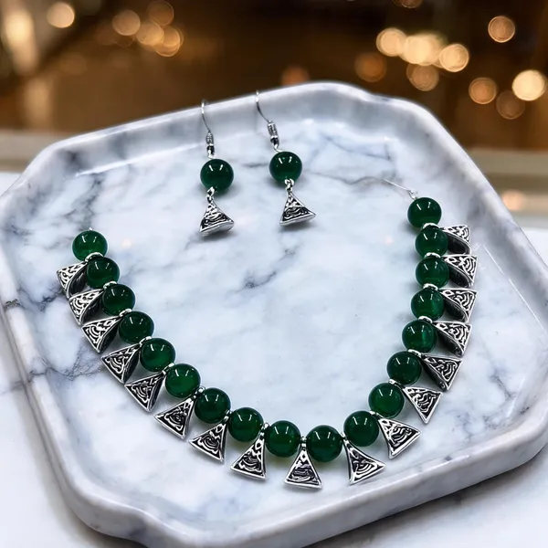 Green_Silver_Tone_Beaded_Necklace_And_Earrings_Set_For_Women