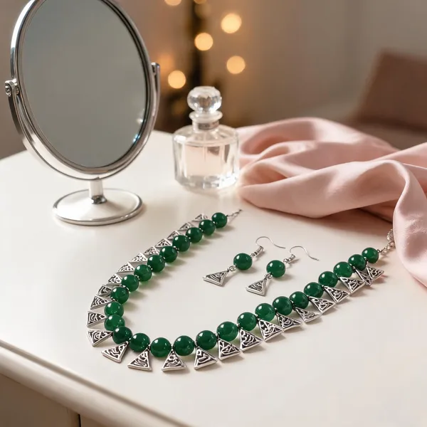 Green_Silver_Tone_Beaded_Necklace_And_Earrings_Set_For_Women