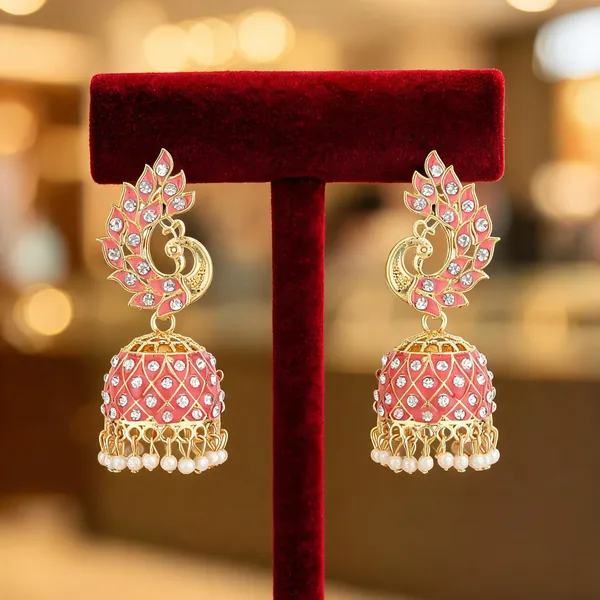 Pink_Gold_Brass_Gold_Plated_Peacock_Jhumka_Earrings_For_Women