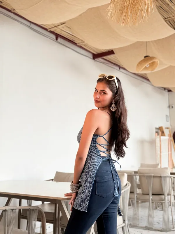 Ruhi_Indigo_Stripe_Strappy_Backless_Short_Kurti
