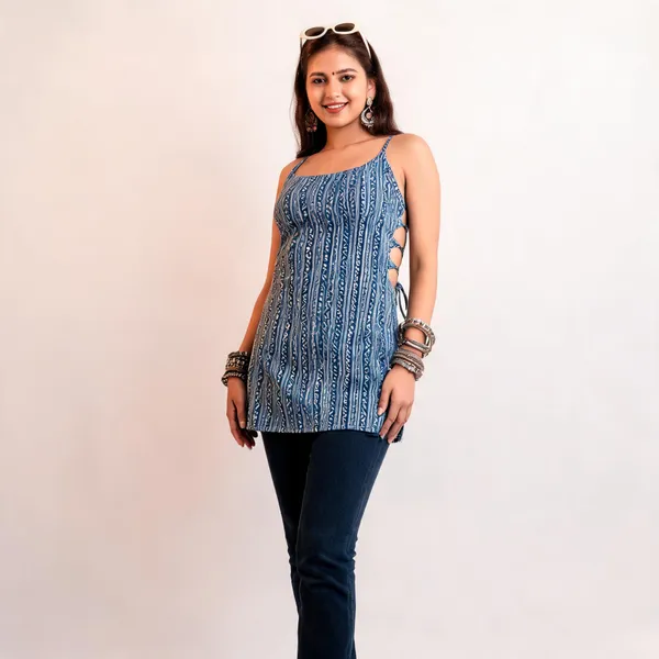 Ruhi_Indigo_Stripe_Strappy_Backless_Short_Kurti