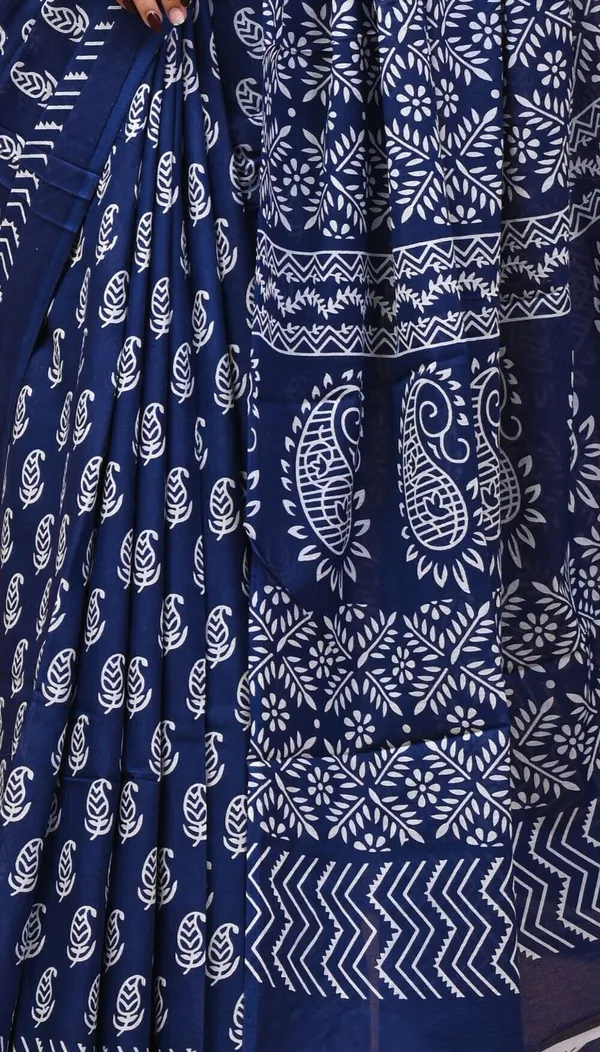 Dark_Blue_Pure_Cotton_Hand_Block_Printed_Saree_For_Women