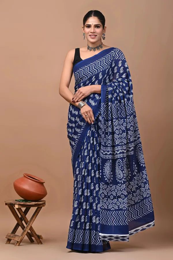 Dark_Blue_Pure_Cotton_Hand_Block_Printed_Saree_For_Women