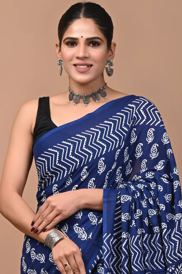 Dark_Blue_Pure_Cotton_Hand_Block_Printed_Saree_For_Women