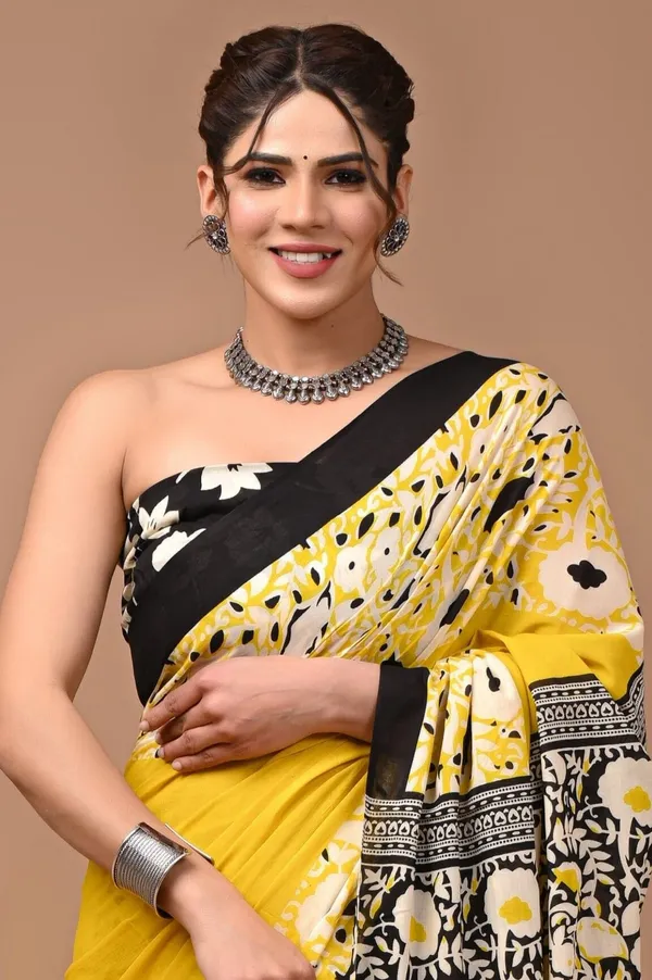 Yellow_And_Black_Pure_Cotton_Hand_Block_Printed_Saree_For_Women