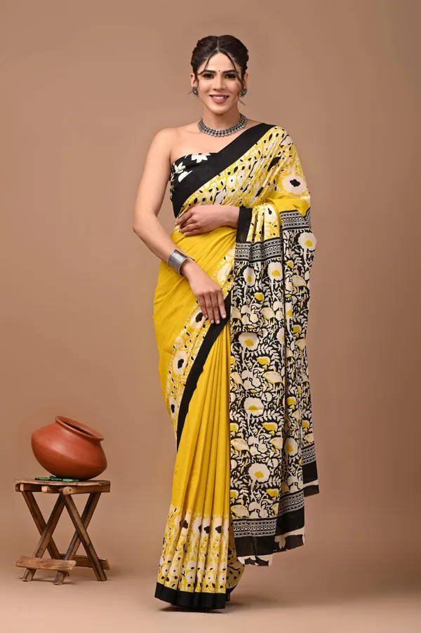 Yellow_And_Black_Pure_Cotton_Hand_Block_Printed_Saree_For_Women