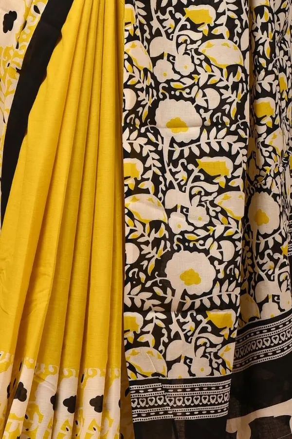 Yellow_And_Black_Pure_Cotton_Hand_Block_Printed_Saree_For_Women