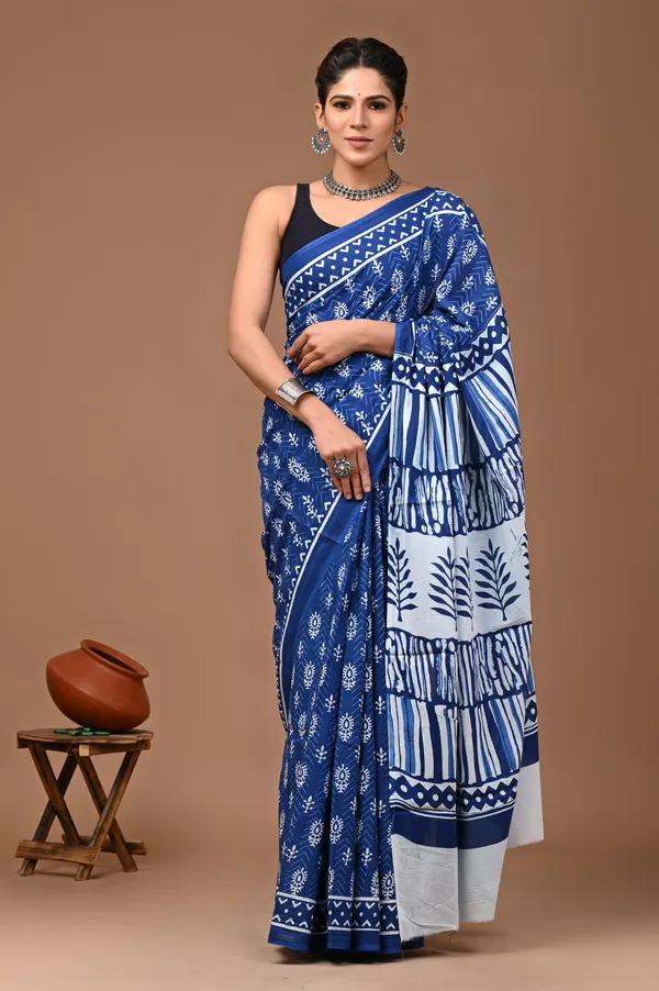 Light_Blue_Pure_Cotton_Hand_Block_Printed_Saree_For_Women