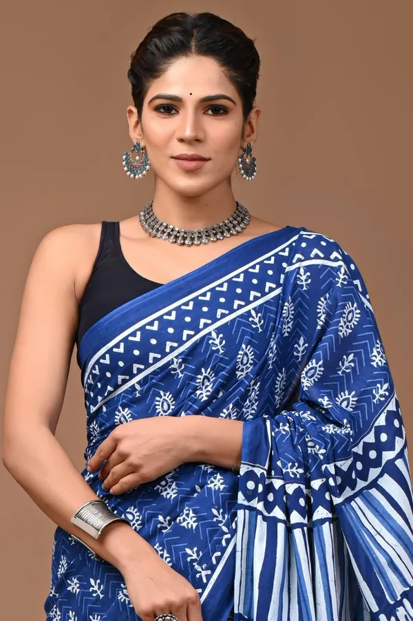 Light_Blue_Pure_Cotton_Hand_Block_Printed_Saree_For_Women