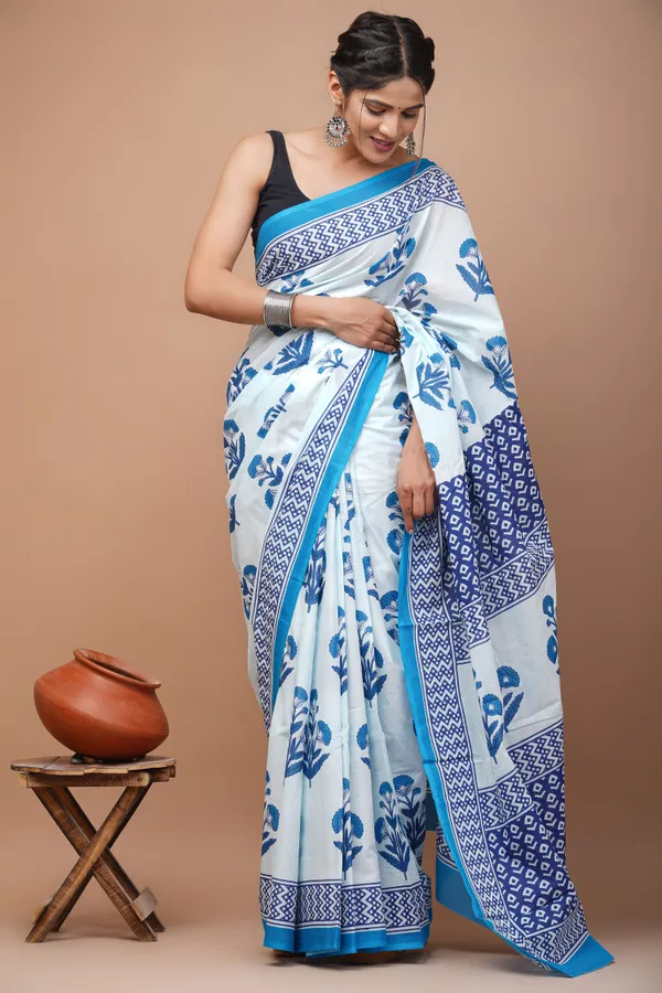 White_And_Blue_Pure_Cotton_Hand_Block_Printed_Saree_For_Women