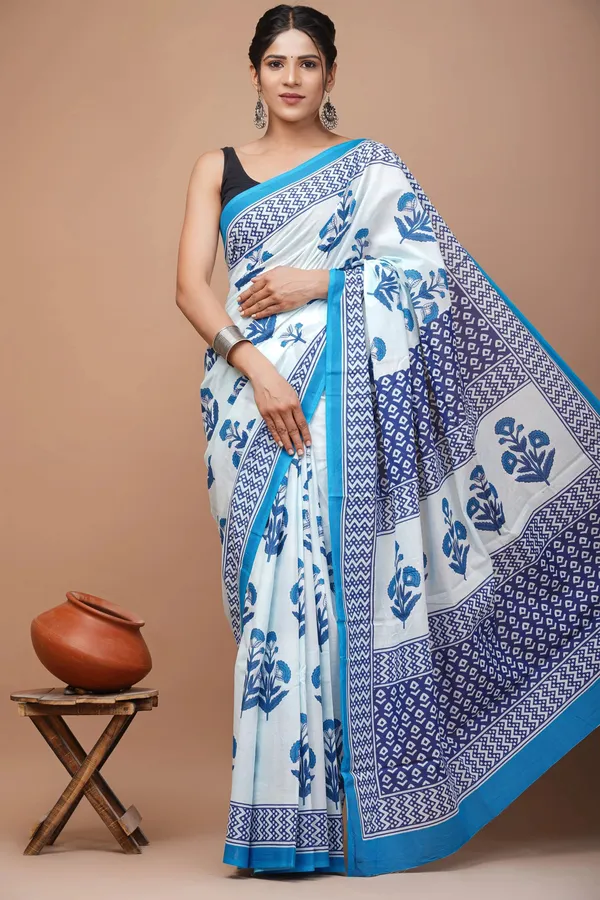 White_And_Blue_Pure_Cotton_Hand_Block_Printed_Saree_For_Women